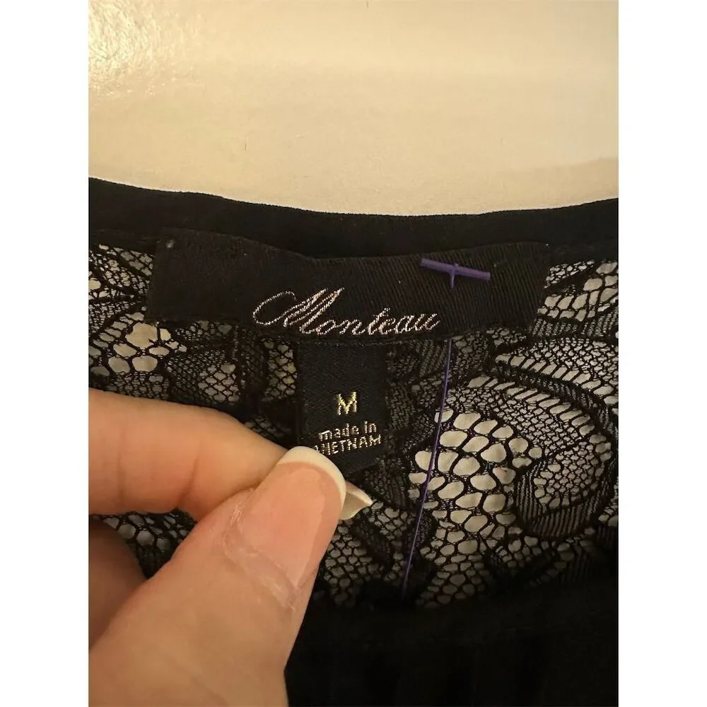Monteau brand Women's Black Lace Crochet Blouse Jewel Neck 3/4 Sleeve Size M - Picture 3 of 7